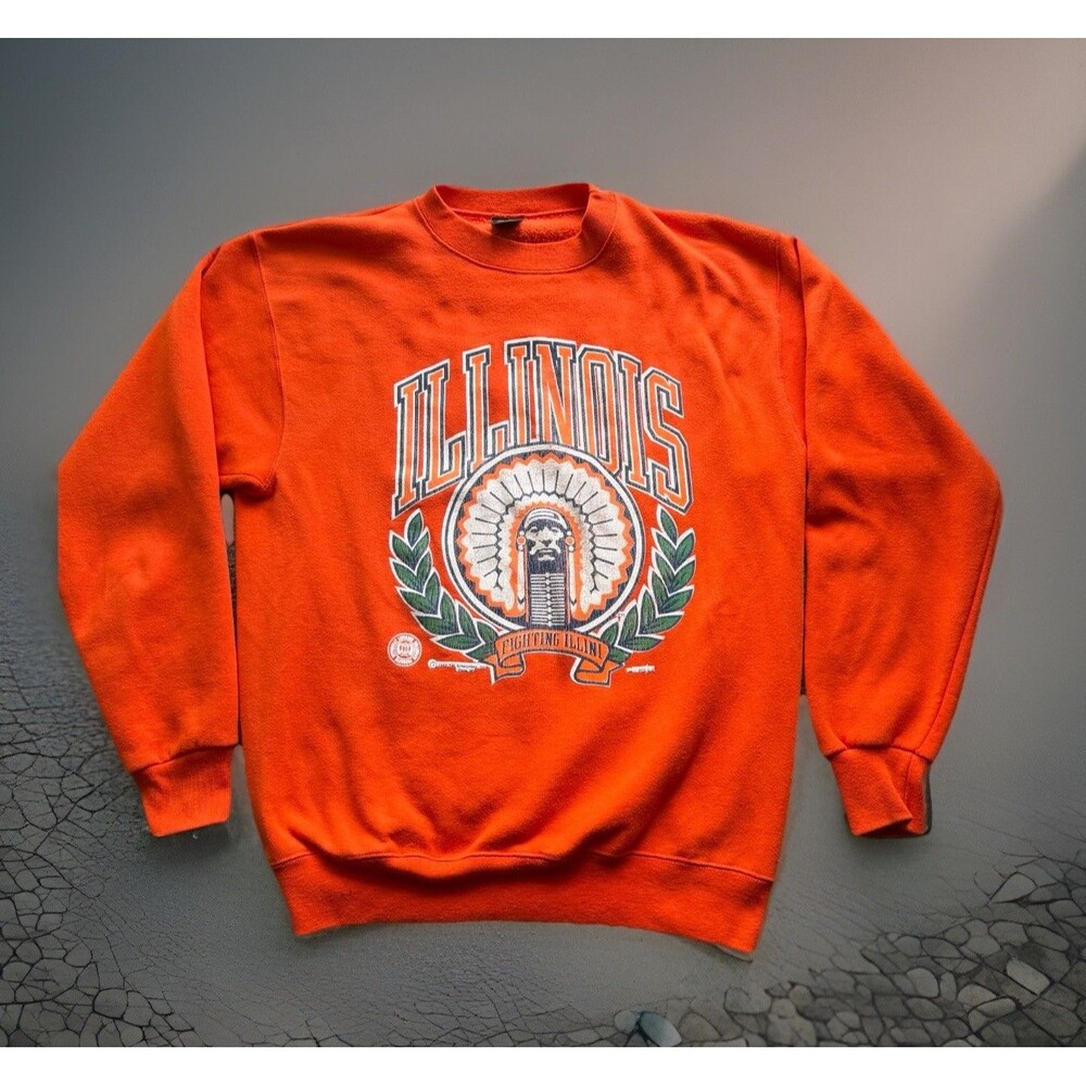 Vintage 90s Illinois FIGHTING ILLINI Orange Sweatshirt XXL Chief Logo USA Made